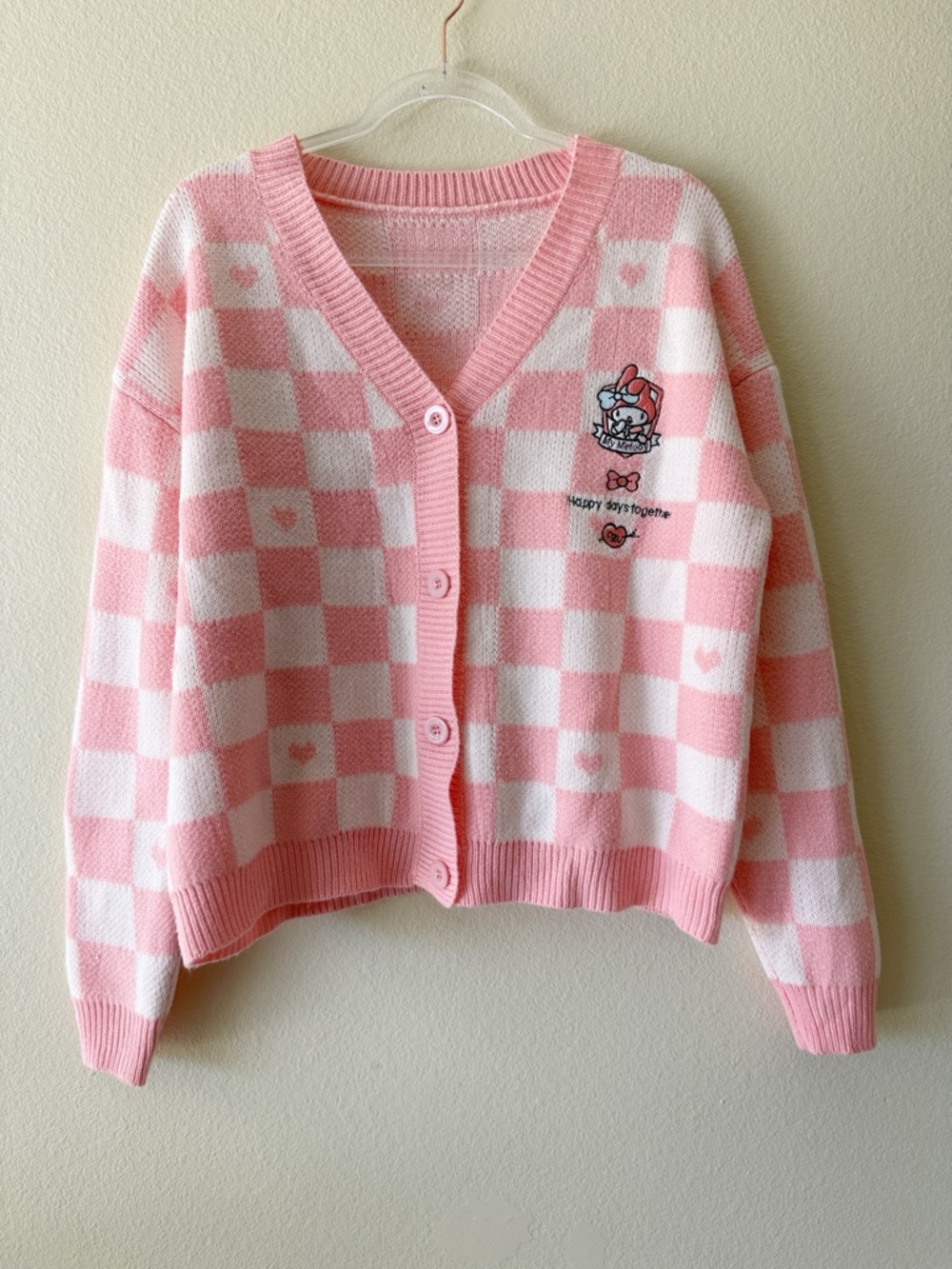 My Melody Pink Checkerboard Heart Knit Cardigan